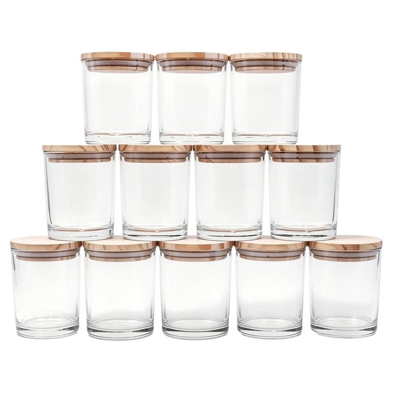 Candle Making Jars With Lids - M11K：キャンドル作り用容器、空の瓶（7オンス、12個入り）、厚手のキャンドル瓶、木製の蓋付き、透明なサンプル保管用。